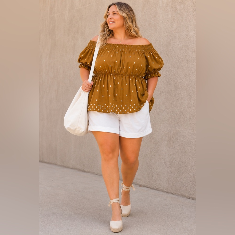 4X Old Navy Babydoll Top in Ancient Gold with Flower Motif and Puffed Sleeves